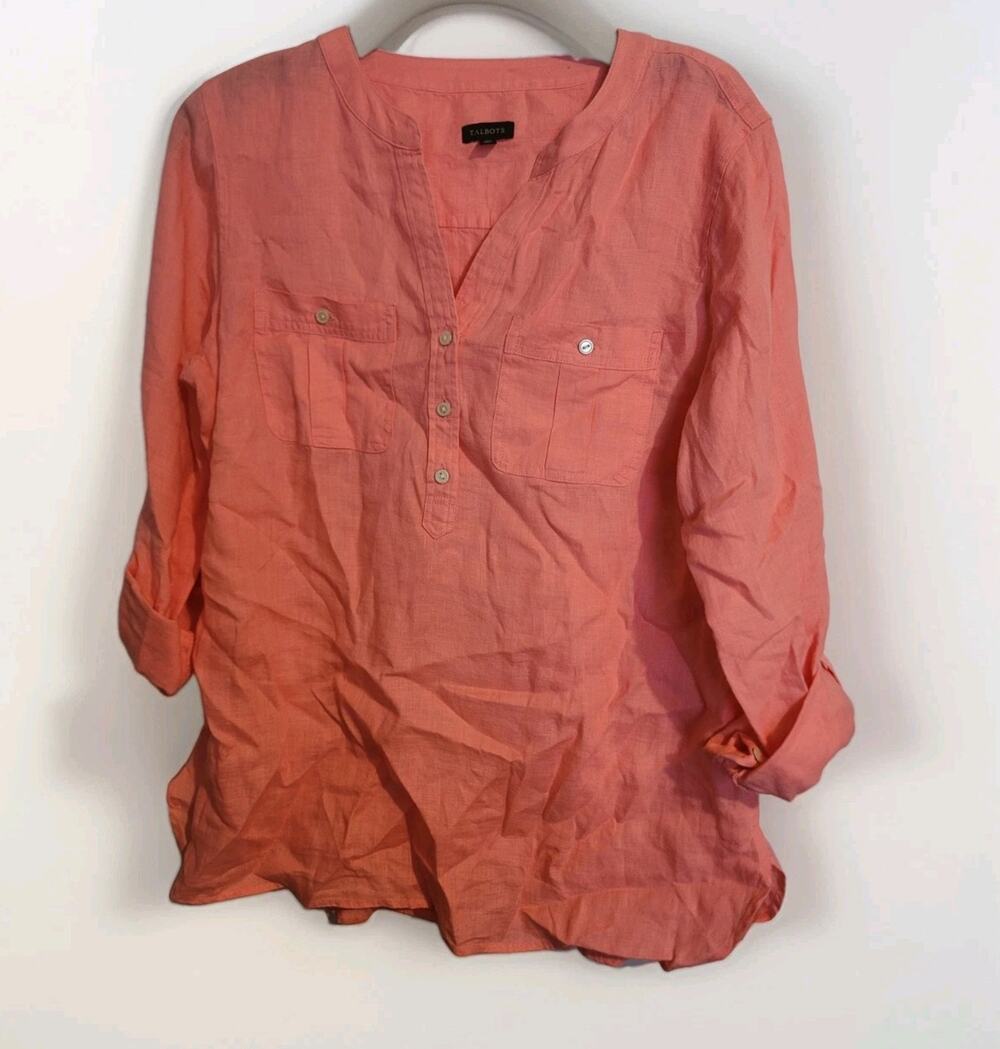 Talbots Blouse Tunic Womens M Pink V-Neck Roll Tab Sleeve 100% Linen- Resortwear